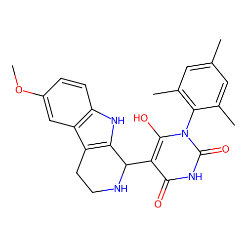 6-hydroxy-3-mesityl-5-(6-methoxy-2,3,4,9-tetrahydro-1H-pyrido[3,4-b]indol-1-yl)pyrimidine-2,4(1H,3H)-dione structure