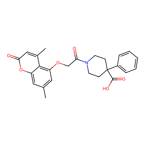 1-(2-((4,7-dimethyl-2-oxo-2H-chromen-5-yl)oxy)acetyl)-4-phenylpiperidine-4-carboxylic acid structure