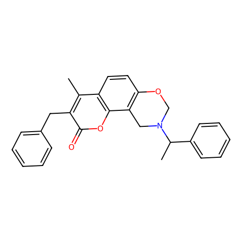 3-benzyl-4-methyl-9-(1-phenylethyl)-9,10-dihydrochromeno[8,7-e][1,3]oxazin-2(8H)-one structure