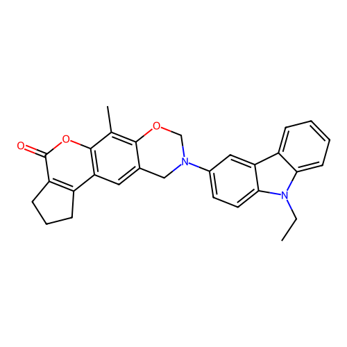 9-(9-ethyl-9H-carbazol-3-yl)-6-methyl-2,3,9,10-tetrahydro-1H-cyclopenta[3,4]chromeno[6,7-e][1,3]oxazin-4(8H)-one structure