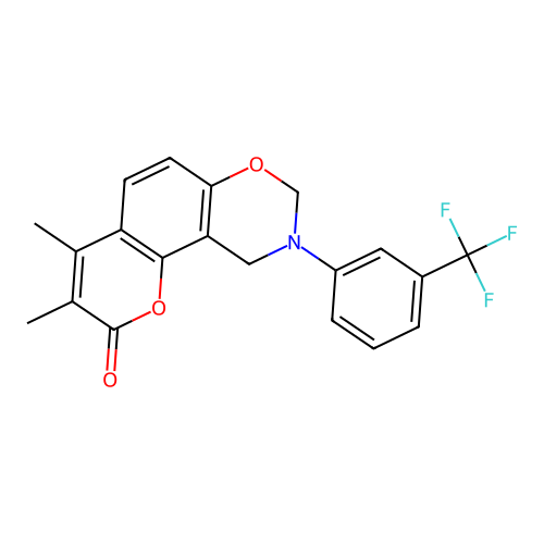 3,4-dimethyl-9-(3-(trifluoromethyl)phenyl)-9,10-dihydrochromeno[8,7-e][1,3]oxazin-2(8H)-one structure