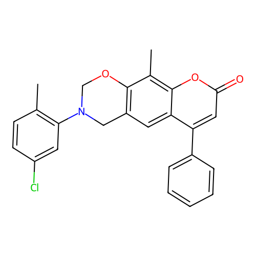 3-(5-chloro-2-methylphenyl)-10-methyl-6-phenyl-3,4-dihydrochromeno[6,7-e][1,3]oxazin-8(2H)-one structure