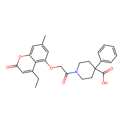 1-(2-((4-ethyl-7-methyl-2-oxo-2H-chromen-5-yl)oxy)acetyl)-4-phenylpiperidine-4-carboxylic acid structure