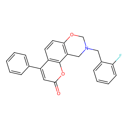 9-(2-fluorobenzyl)-4-phenyl-9,10-dihydrochromeno[8,7-e][1,3]oxazin-2(8H)-one structure
