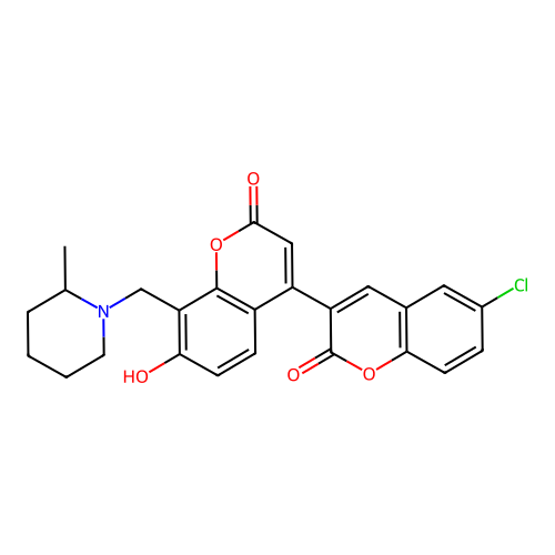 6-chloro-7'-hydroxy-8'-((2-methylpiperidin-1-yl)methyl)-2H,2'H-[3,4'-bichromene]-2,2'-dione structure