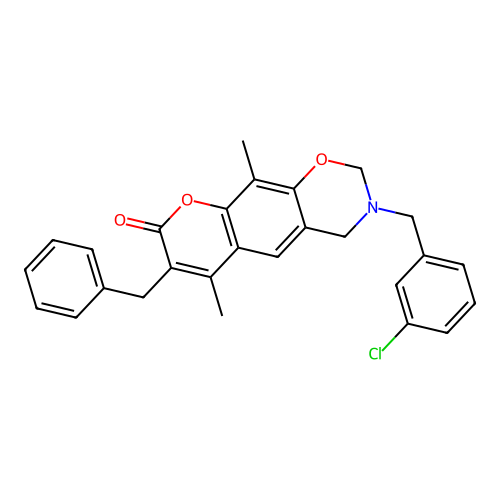 7-benzyl-3-(3-chlorobenzyl)-6,10-dimethyl-3,4-dihydrochromeno[6,7-e][1,3]oxazin-8(2H)-one structure