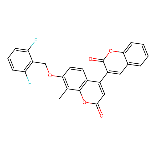 7'-((2,6-difluorobenzyl)oxy)-8'-methyl-2H,2'H-[3,4'-bichromene]-2,2'-dione structure