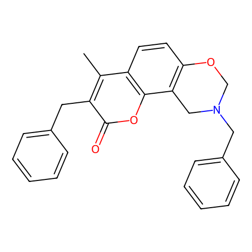3,9-dibenzyl-4-methyl-9,10-dihydrochromeno[8,7-e][1,3]oxazin-2(8H)-one structure