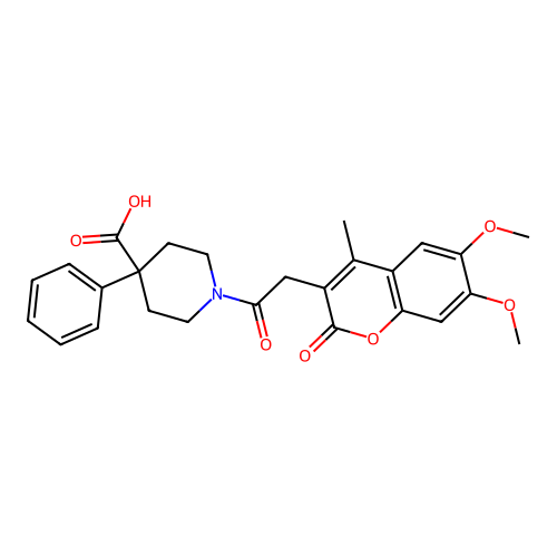 1-(2-(6,7-dimethoxy-4-methyl-2-oxo-2H-chromen-3-yl)acetyl)-4-phenylpiperidine-4-carboxylic acid structure