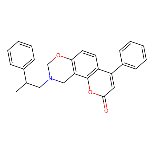 4-phenyl-9-(2-phenylpropyl)-9,10-dihydrochromeno[8,7-e][1,3]oxazin-2(8H)-one structure