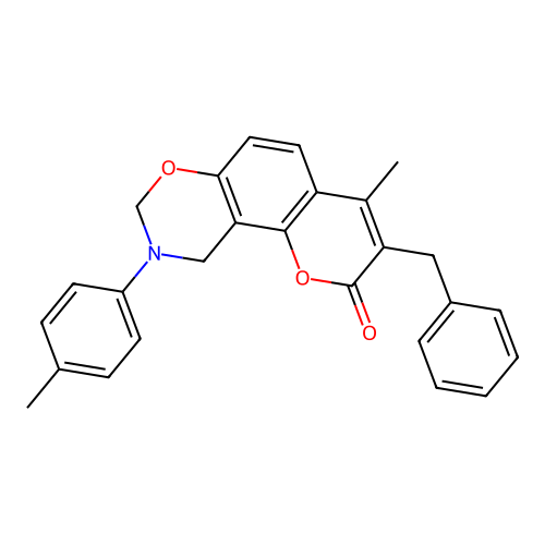 3-benzyl-4-methyl-9-(4-methylphenyl)-8,10-dihydropyrano[2,3-f][1,3]benzoxazin-2-one structure