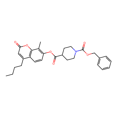 1-benzyl 4-(4-butyl-8-methyl-2-oxo-2H-chromen-7-yl) piperidine-1,4-dicarboxylate structure