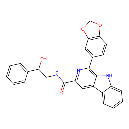 1-(1,3-benzodioxol-5-yl)-N-(2-hydroxy-2-phenylethyl)-9H-beta-carboline-3-carboxamide structure