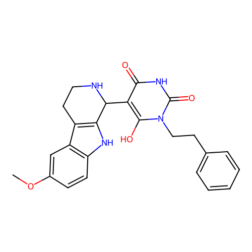 6-hydroxy-5-(6-methoxy-2,3,4,9-tetrahydro-1H-pyrido[3,4-b]indol-1-yl)-3-phenethylpyrimidine-2,4(1H,3H)-dione structure