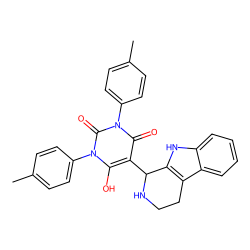 6-hydroxy-5-(2,3,4,9-tetrahydro-1H-pyrido[3,4-b]indol-1-yl)-1,3-di-p-tolylpyrimidine-2,4(1H,3H)-dione structure