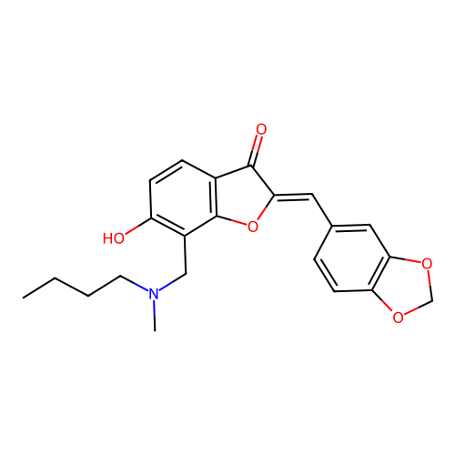 (Z)-2-(benzo[d][1,3]dioxol-5-ylmethylene)-7-((butyl(methyl)amino)methyl)-6-hydroxybenzofuran-3(2H)-one structure