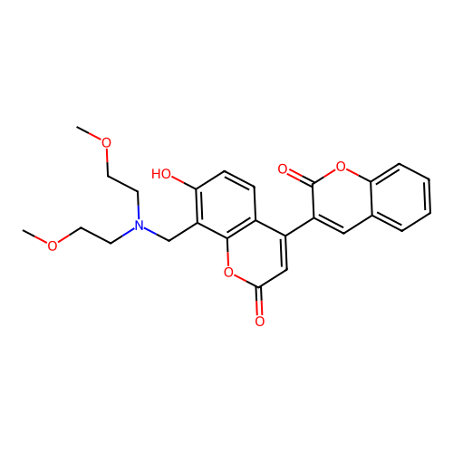 8'-((bis(2-methoxyethyl)amino)methyl)-7'-hydroxy-2H,2'H-[3,4'-bichromene]-2,2'-dione structure