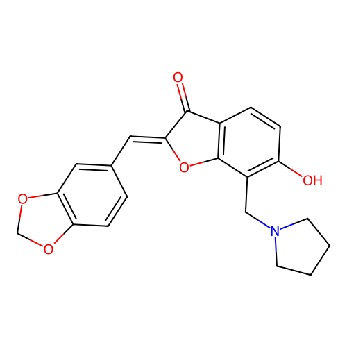 2-(benzo[1,3]dioxol-5-ylmethylidene)-6-hydroxy-7-(pyrrolidin-1-ylmethyl)benzofuran-3-one structure