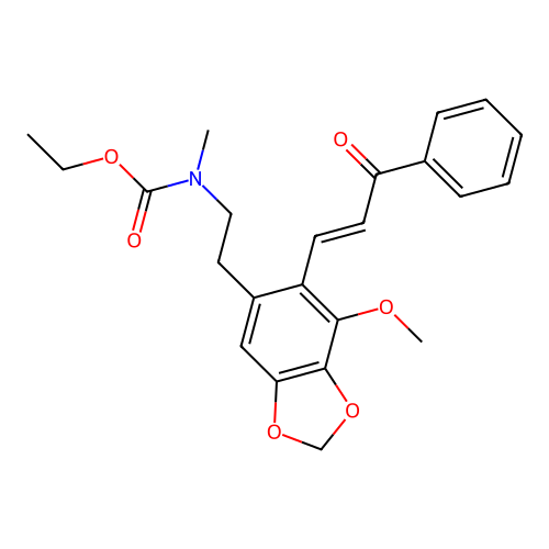 (E)-ethyl (2-(7-methoxy-6-(3-oxo-3-phenylprop-1-en-1-yl)benzo[d][1,3]dioxol-5-yl)ethyl)(methyl)carbamate structure