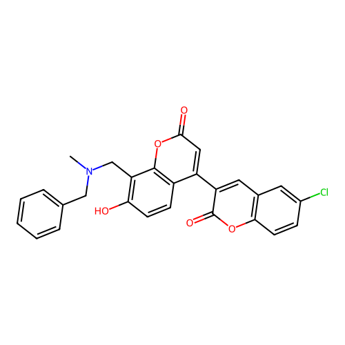 6-chloro-3-(7-hydroxy-8-{[methylbenzylamino]methyl}-2-oxochromen-4-yl)chromen- 2-one structure