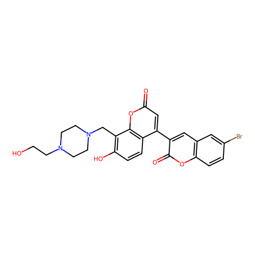 4-(6-bromo-2-oxo-chromen-3-yl)-7-hydroxy-8-[[4-(2-hydroxyethyl)piperazin-1-yl]methyl]chromen-2-one structure