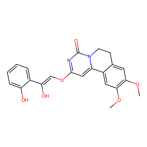 (Z)-2-((2-hydroxy-2-(2-hydroxyphenyl)vinyl)oxy)-9,10-dimethoxy-6,7-dihydro-4H-pyrimido[6,1-a]isoquinolin-4-one structure