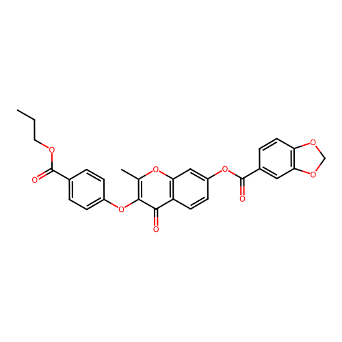 [2-methyl-4-oxo-3-(4-propoxycarbonylphenoxy)chromen-7-yl] 1,3-benzodioxole-5-carboxylate structure