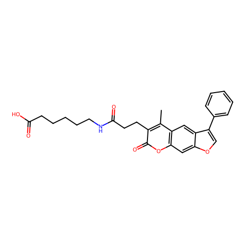 6-(3-(5-methyl-7-oxo-3-phenyl-7H-furo[3,2-g]chromen-6-yl)propanamido)hexanoic acid structure