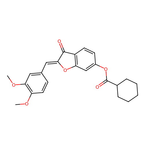 (Z)-2-(3,4-dimethoxybenzylidene)-3-oxo-2,3-dihydrobenzofuran-6-yl cyclohexanecarboxylate structure