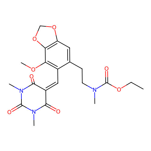 ethyl (2-(6-((1,3-dimethyl-2,4,6-trioxotetrahydropyrimidin-5(2H)-ylidene)methyl)-7-methoxybenzo[d][1,3]dioxol-5-yl)ethyl)(methyl)carbamate structure