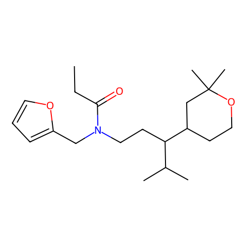 N-[3-(2,2-dimethyloxan-4-yl)-4-methylpentyl]-N-(furan-2-ylmethyl)propanamide structure