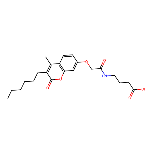 4-({[(3-hexyl-4-methyl-2-oxo-2H-chromen-7-yl)oxy]acetyl}amino)butanoic acid structure