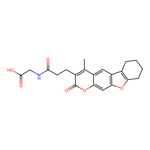 2-(3-(4-methyl-2-oxo-6,7,8,9-tetrahydro-2H-benzofuro[3,2-g]chromen-3-yl)propanamido)acetic acid structure