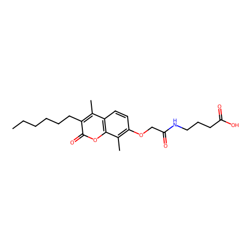 4-({[(3-hexyl-4,8-dimethyl-2-oxo-2H-chromen-7-yl)oxy]acetyl}amino)butanoic acid structure