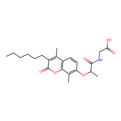 N-{2-[(3-hexyl-4,8-dimethyl-2-oxo-2H-chromen-7-yl)oxy]propanoyl}glycine structure