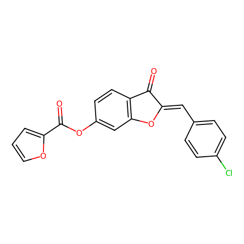 (Z)-2-(4-chlorobenzylidene)-3-oxo-2,3-dihydrobenzofuran-6-yl furan-2-carboxylate structure