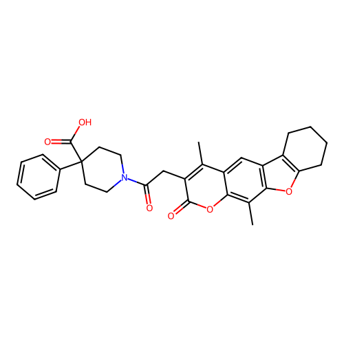 1-(2-(4,11-dimethyl-2-oxo-6,7,8,9-tetrahydro-2H-benzofuro[3,2-g]chromen-3-yl)acetyl)-4-phenylpiperidine-4-carboxylic acid structure
