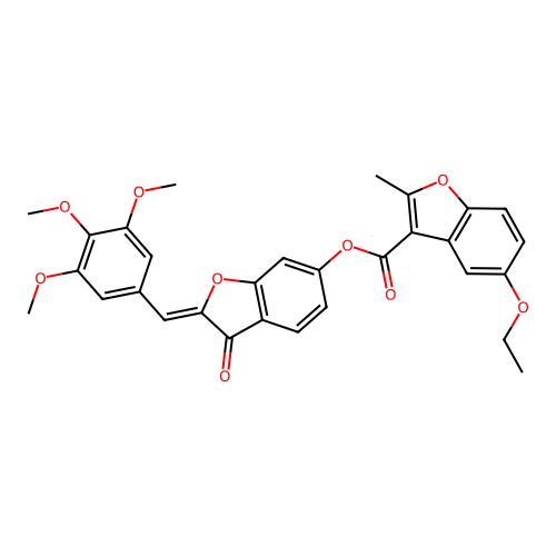 (2Z)-3-oxo-2-(3,4,5-trimethoxybenzylidene)-2,3-dihydro-1-benzofuran-6-yl 5-ethoxy-2-methyl-1-benzofuran-3-carboxylate structure