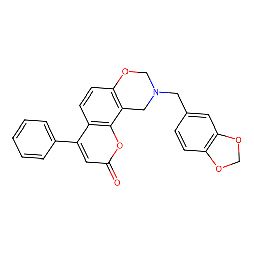 9-(1,3-benzodioxol-5-ylmethyl)-4-phenyl-9,10-dihydro-2H,8H-chromeno[8,7-e][1,3]oxazin-2-one structure