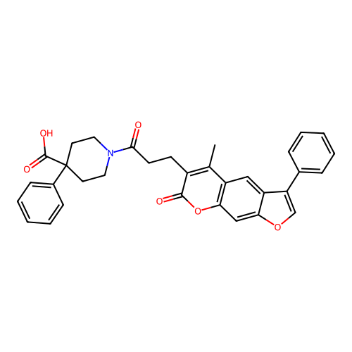 1-(3-(5-methyl-7-oxo-3-phenyl-7H-furo[3,2-g]chromen-6-yl)propanoyl)-4-phenylpiperidine-4-carboxylic acid structure