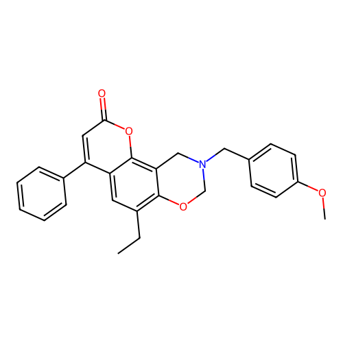 6-ethyl-9-(4-methoxybenzyl)-4-phenyl-9,10-dihydro-2H,8H-chromeno[8,7-e][1,3]oxazin-2-one structure