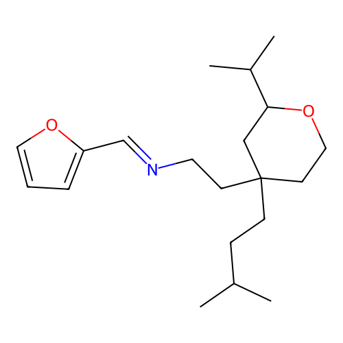 (E)-N-(furan-2-ylmethylene)-2-(4-isopentyl-2-isopropyltetrahydro-2H-pyran-4-yl)ethanamine structure
