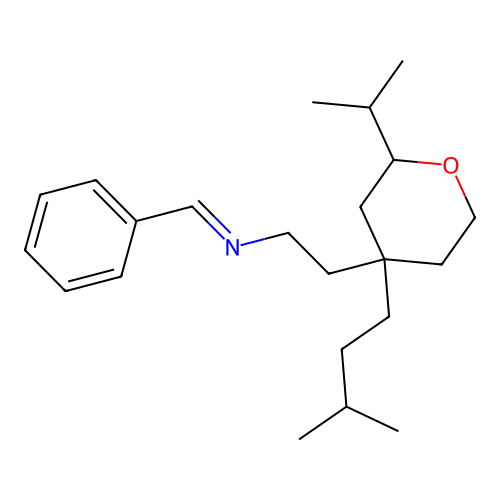 (E)-N-benzylidene-2-(4-isopentyl-2-isopropyltetrahydro-2H-pyran-4-yl)ethanamine structure