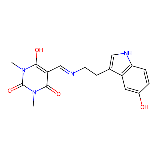 5-[[2-(5-hydroxy-1H-indol-3-yl)ethylamino]methylidene]-1,3-dimethyl-1,3-diazinane-2,4,6-trione structure