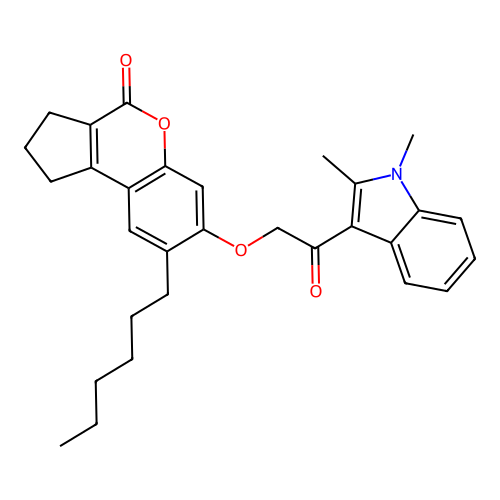 7-(2-(1,2-dimethyl-1H-indol-3-yl)-2-oxoethoxy)-8-hexyl-2,3-dihydrocyclopenta[c]chromen-4(1H)-one structure
