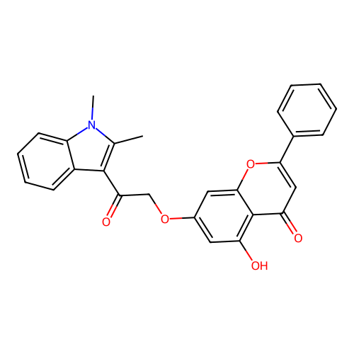 7-(2-(1,2-dimethyl-1H-indol-3-yl)-2-oxoethoxy)-5-hydroxy-2-phenyl-4H-chromen-4-one structure