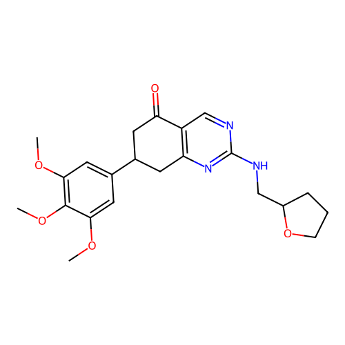 2-[(tetrahydrofuran-2-ylmethyl)amino]-7-(3,4,5-trimethoxyphenyl)-7,8-dihydroquinazolin-5(6H)-one structure