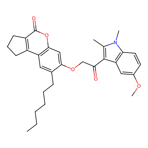 8-hexyl-7-(2-(5-methoxy-1,2-dimethyl-1H-indol-3-yl)-2-oxoethoxy)-2,3-dihydrocyclopenta[c]chromen-4(1H)-one structure