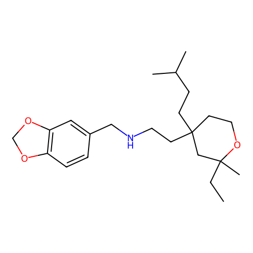 N-(1,3-benzodioxol-5-ylmethyl)-2-[2-ethyl-2-methyl-4-(3-methylbutyl)oxan-4-yl]ethanamine structure