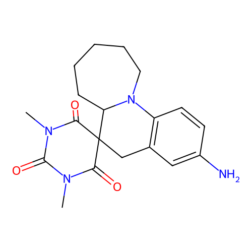 3'-amino-1,3-dimethylspiro[1,3-diazinane-5,6'-6a,7,8,9,10,11-hexahydro-5H-azepino[1,2-a]quinoline]-2,4,6-trione structure